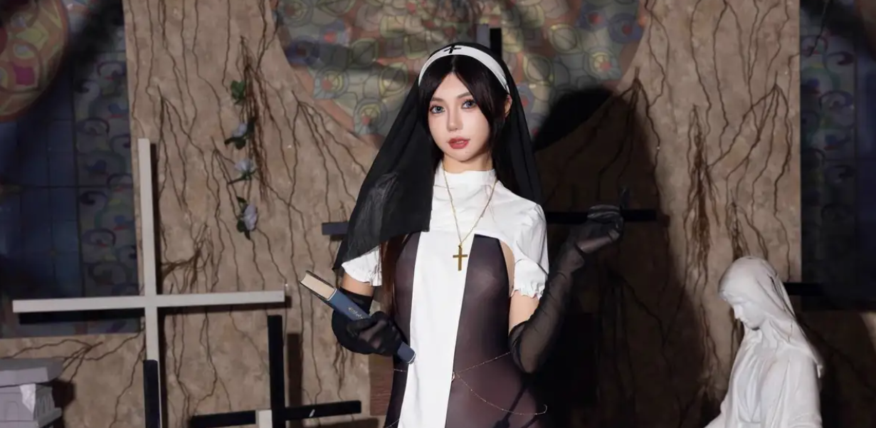 9774_女天使绮里嘉ula感性修女服饰配超薄连体黑色的丝_